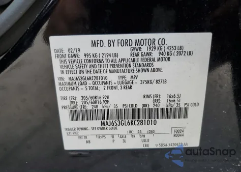 2019 Ford Ecosport Se from USA, damaged, VIN MAJ6S3GL6KC281010